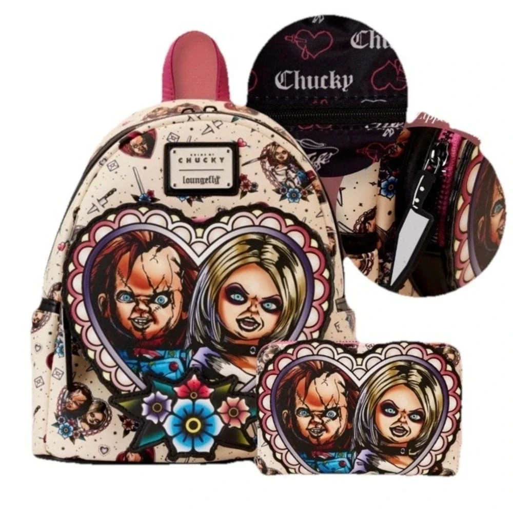 Loungefly Mini Backpack Wallet Set Chucky Bride  Tiffany Tattoo Design Heart